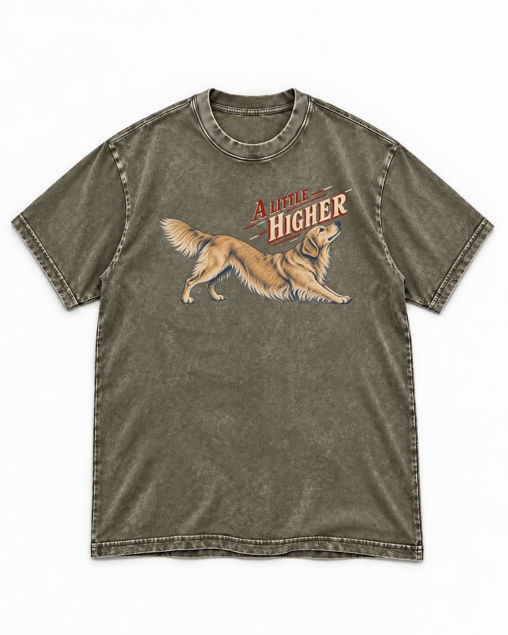 Golden Retriever A Little Higher Play Bow Graphic Washed Tee in Army Green, flat lay product photo