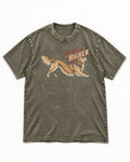 Golden Retriever A Little Higher Play Bow Graphic Washed Tee in Army Green, flat lay product photo