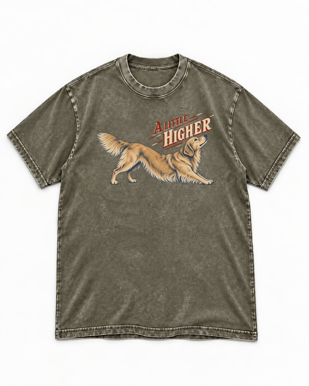Golden Retriever A Little Higher Play Bow Graphic Washed Tee in Army Green, flat lay product photo