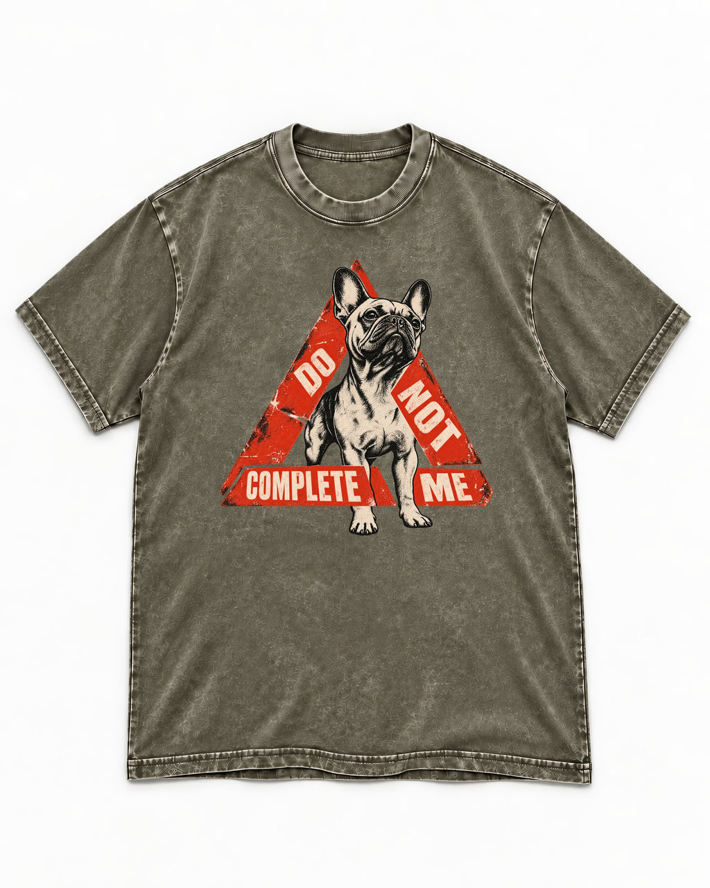 Frenchie Do Not Complete Me Warning Triangle Graphic Washed Tee in Army Green, flat lay product photo