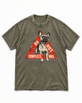 Frenchie Do Not Complete Me Warning Triangle Graphic Washed Tee in Army Green, flat lay product photo