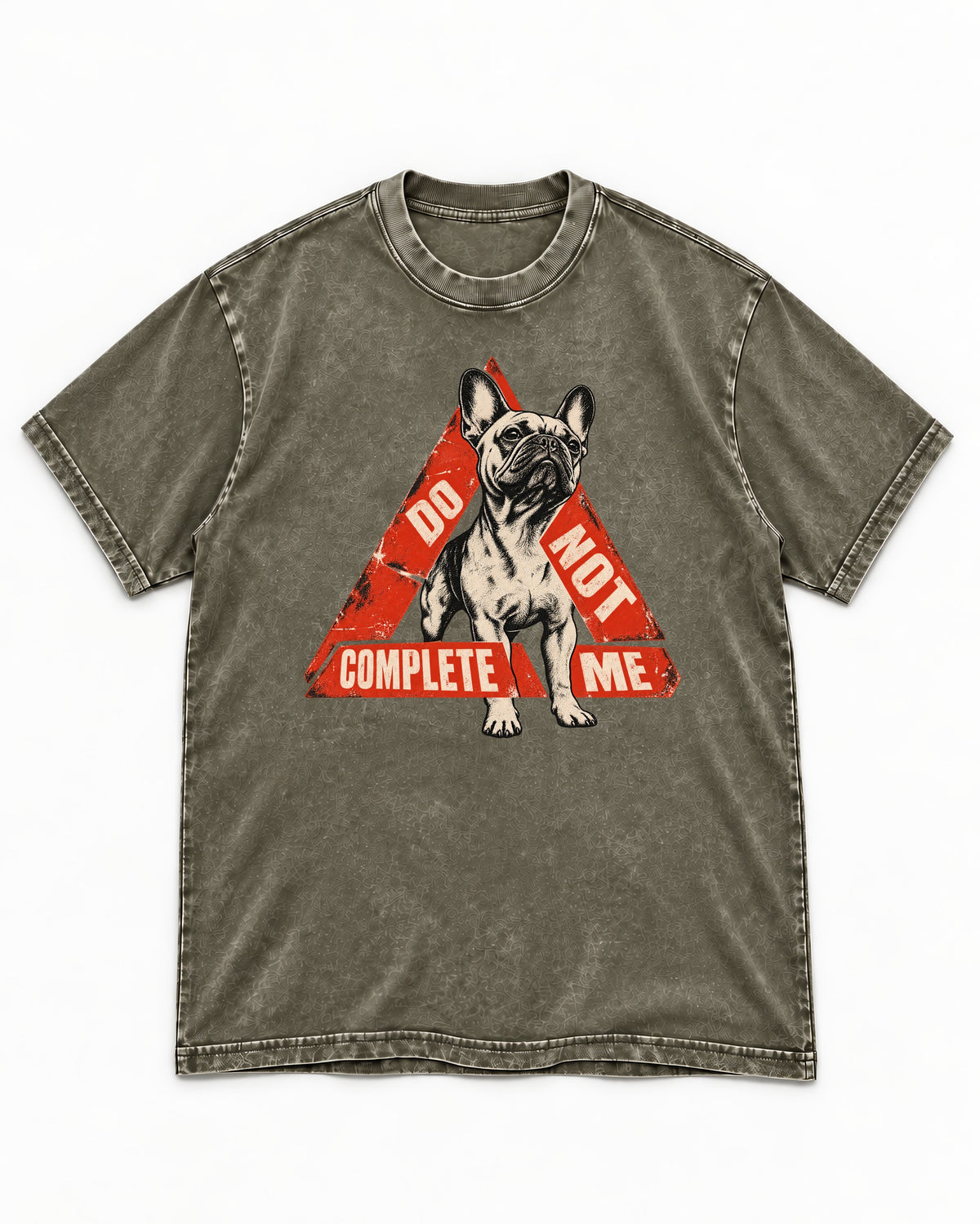 Frenchie Do Not Complete Me Warning Triangle Graphic Washed Tee in Army Green, flat lay product photo