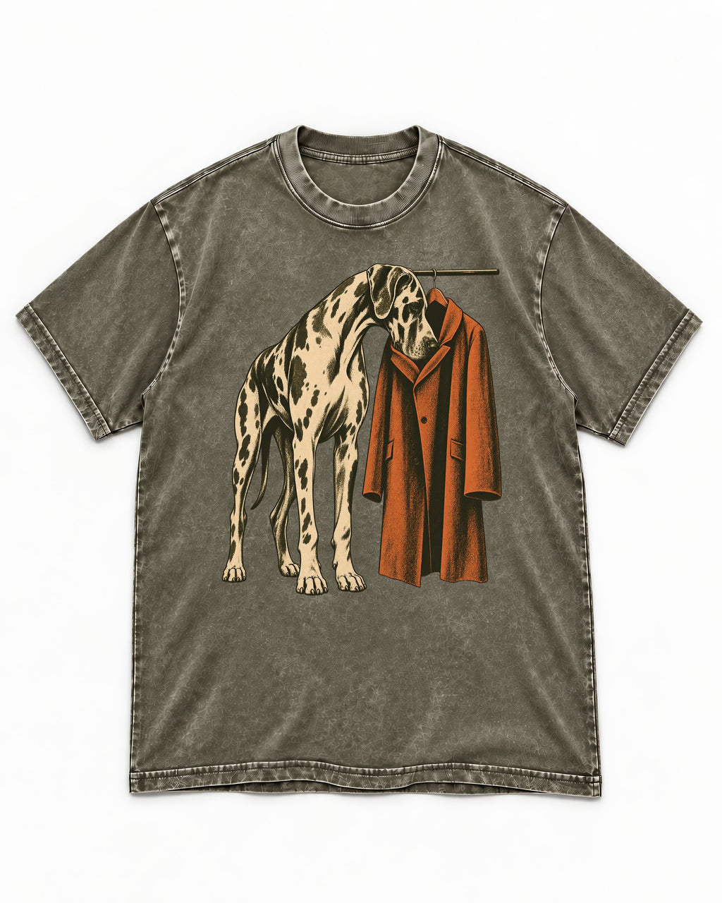Great Dane Harlequin Coat Rack Overcoat Graphic Washed Tee in Army Green, flat lay product photo