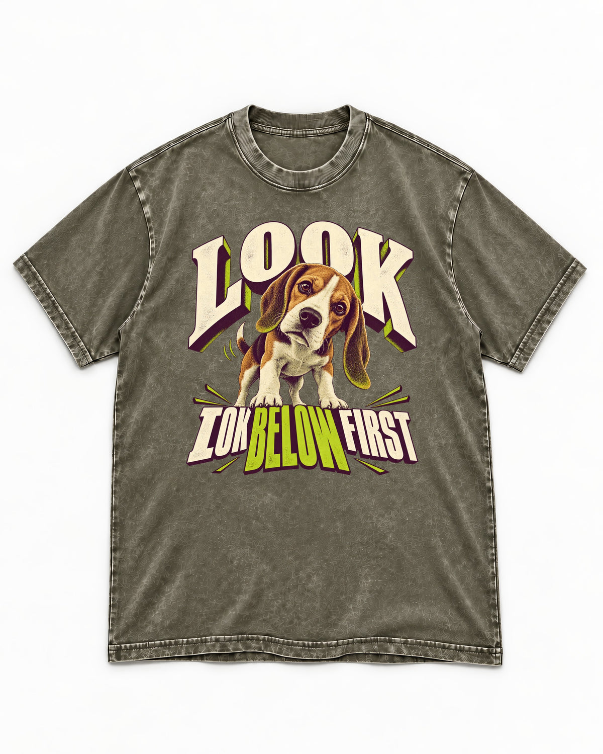 Beagle Look Low Below First Washed Tee in Army Green, flat lay product photo