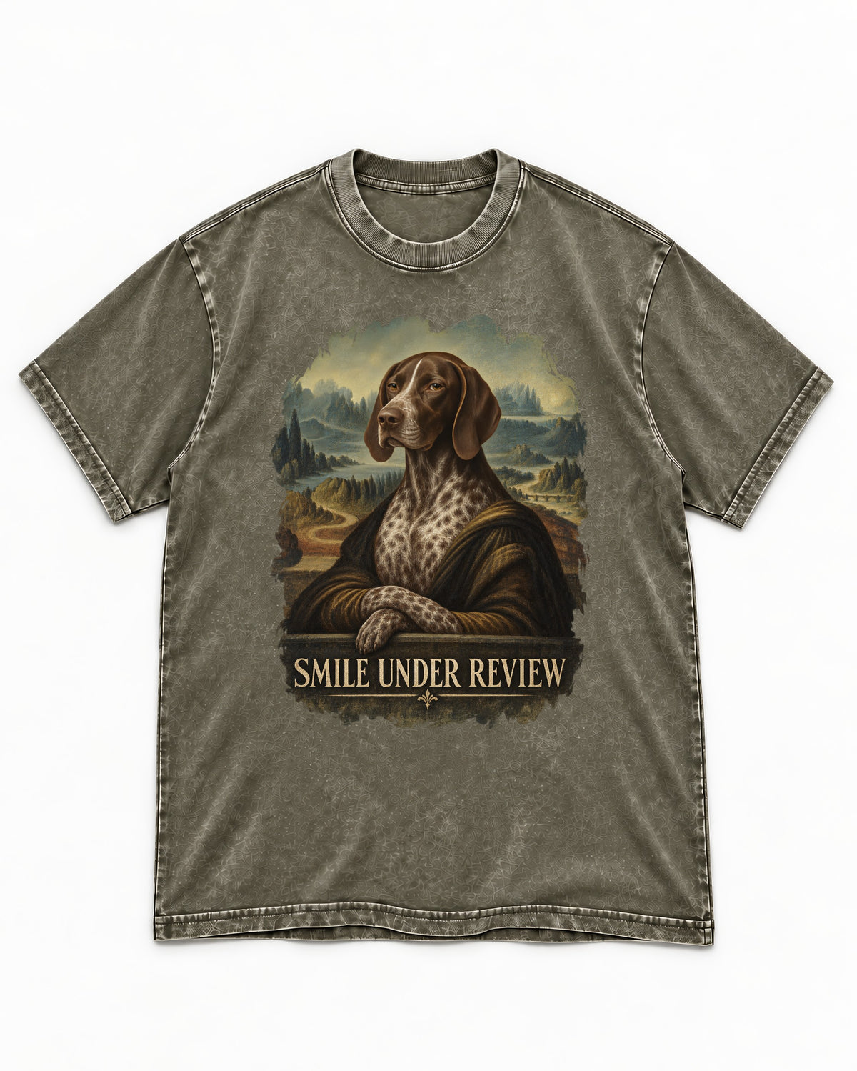 German Shorthaired Pointer Smile Under Review Renaissance Portrait Graphic Washed Tee in Army Green, flat lay product photo