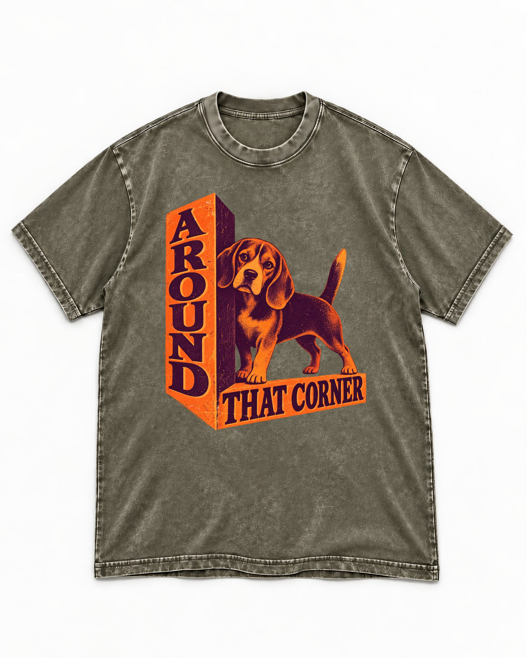 Beagle Around That Corner Graphic Washed Tee in Army Green, flat lay product photo