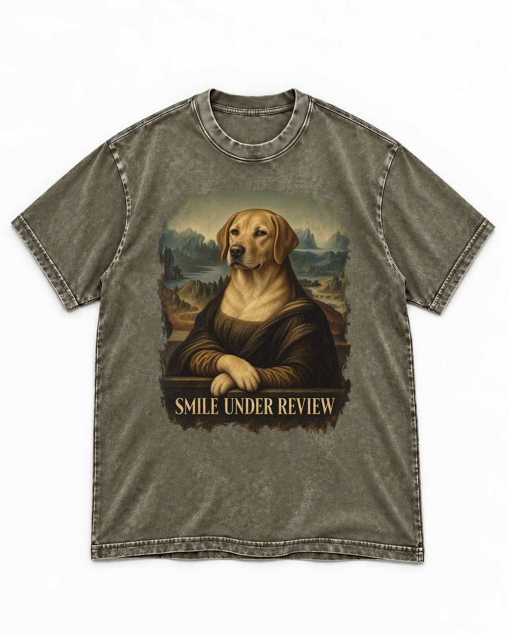 Labrador Retriever Smile Under Review Mona Lisa Graphic Washed Tee in Army Green, flat lay product photo