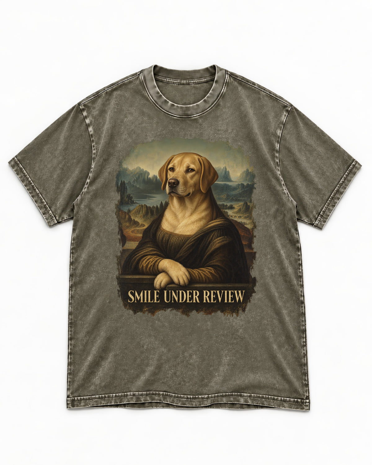 Labrador Retriever Smile Under Review Mona Lisa Graphic Washed Tee in Army Green, flat lay product photo