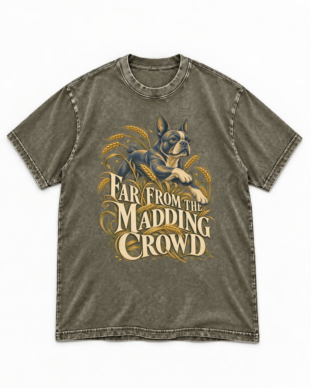 Far From the Madding Crowd Boston Terrier Washed Tee in Army Green, flat lay product photo