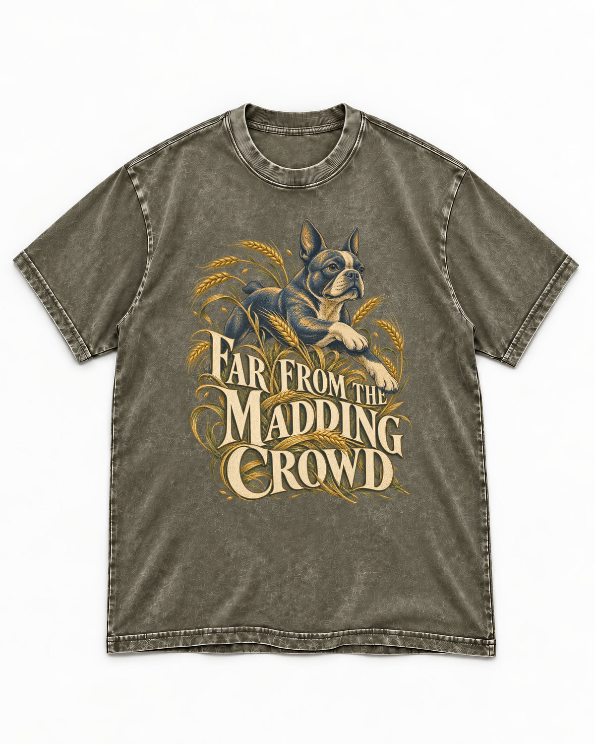 Far From the Madding Crowd Boston Terrier Washed Tee in Army Green, flat lay product photo