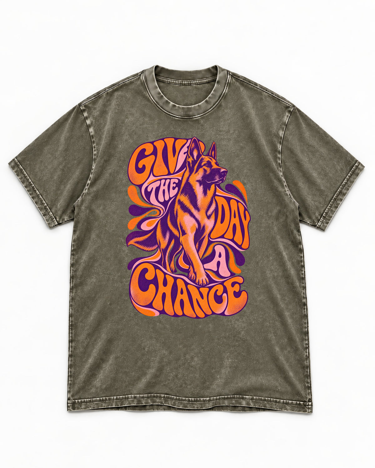 Give The Day A Chance Psychedelic German Shepherd Dog Graphic Washed Tee in Army Green, flat lay product photo