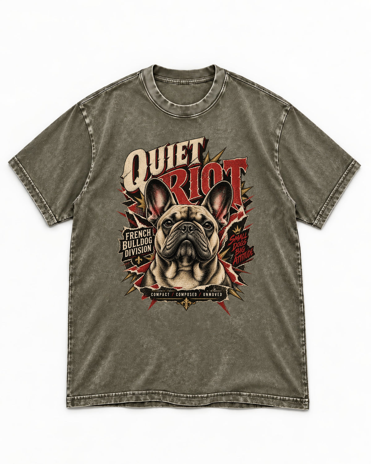 Frenchie Quiet Riot Division Emblem Washed Tee in Army Green, flat lay product photo