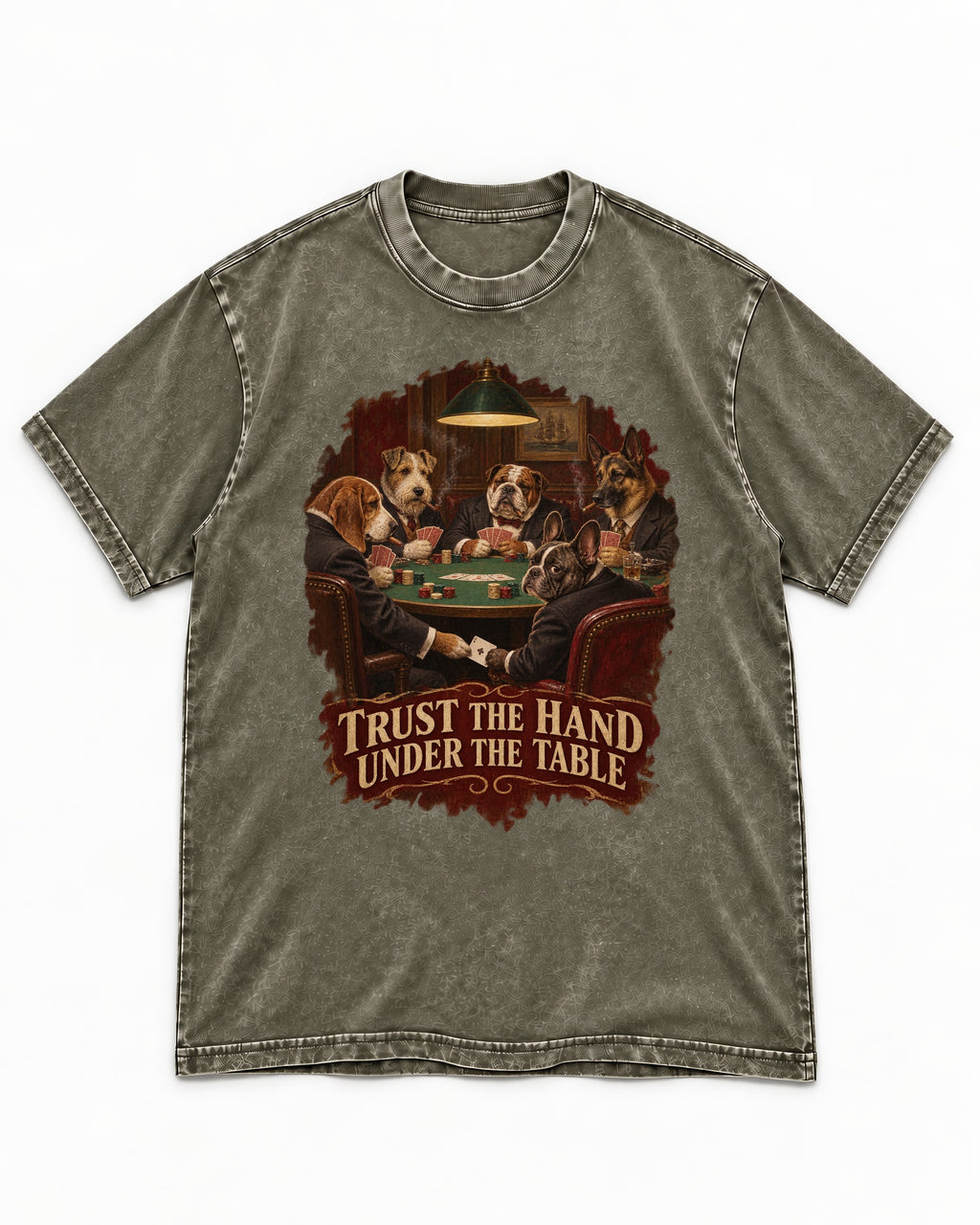 Frenchie Trust the Hand Under the Table Poker Dogs Graphic Washed Tee in Army Green, flat lay product photo