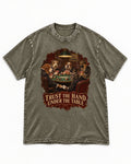 Frenchie Trust the Hand Under the Table Poker Dogs Graphic Washed Tee in Army Green, flat lay product photo