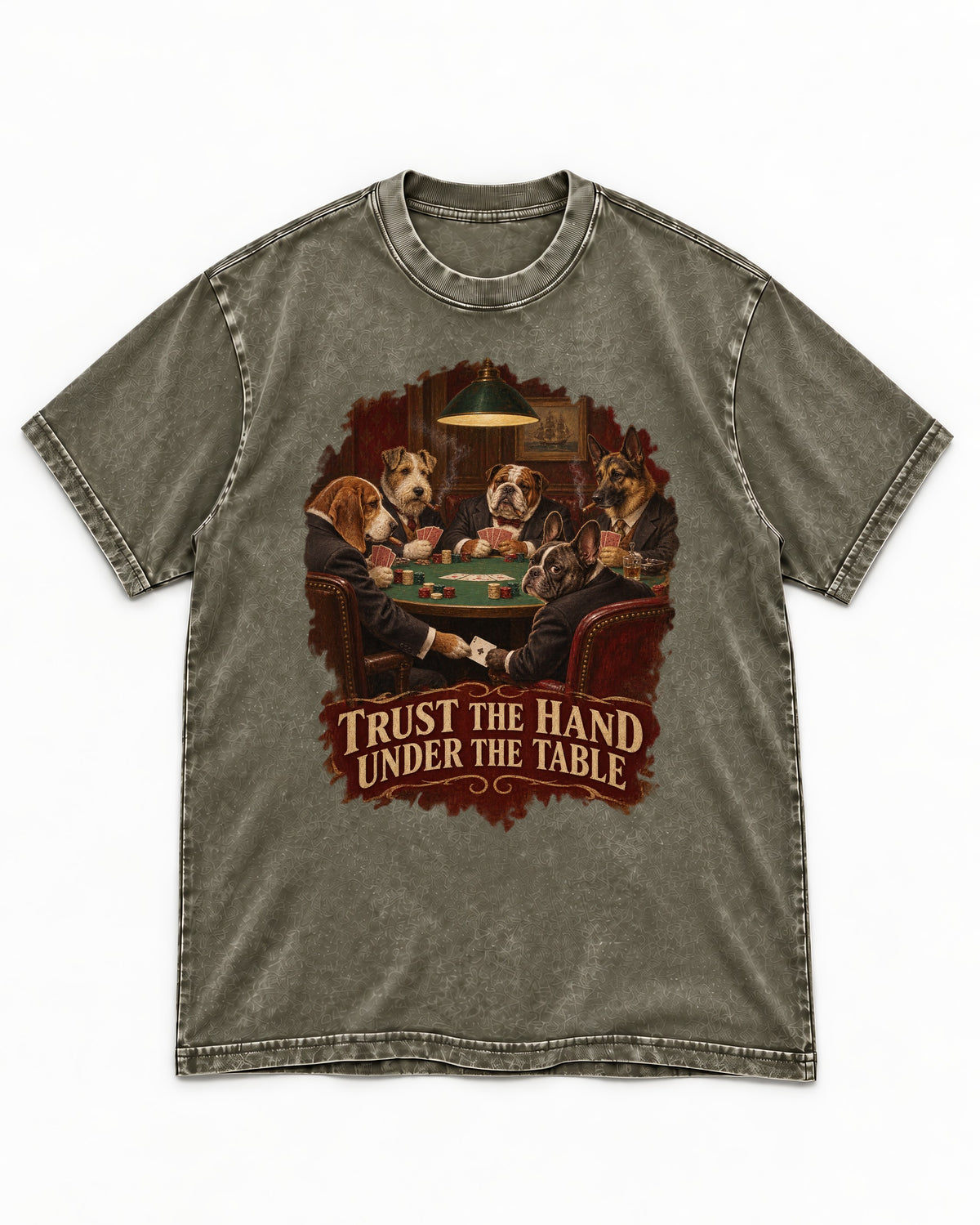 Frenchie Trust the Hand Under the Table Poker Dogs Graphic Washed Tee in Army Green, flat lay product photo