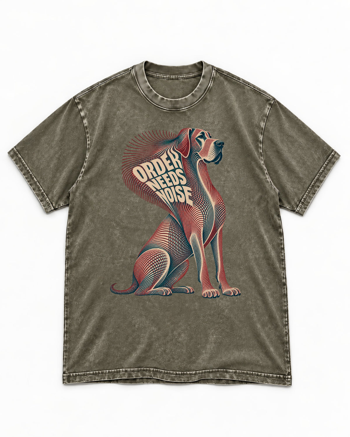 Great Dane Order Needs Noise Optical Line Graphic Washed Tee in Army Green, flat lay product photo