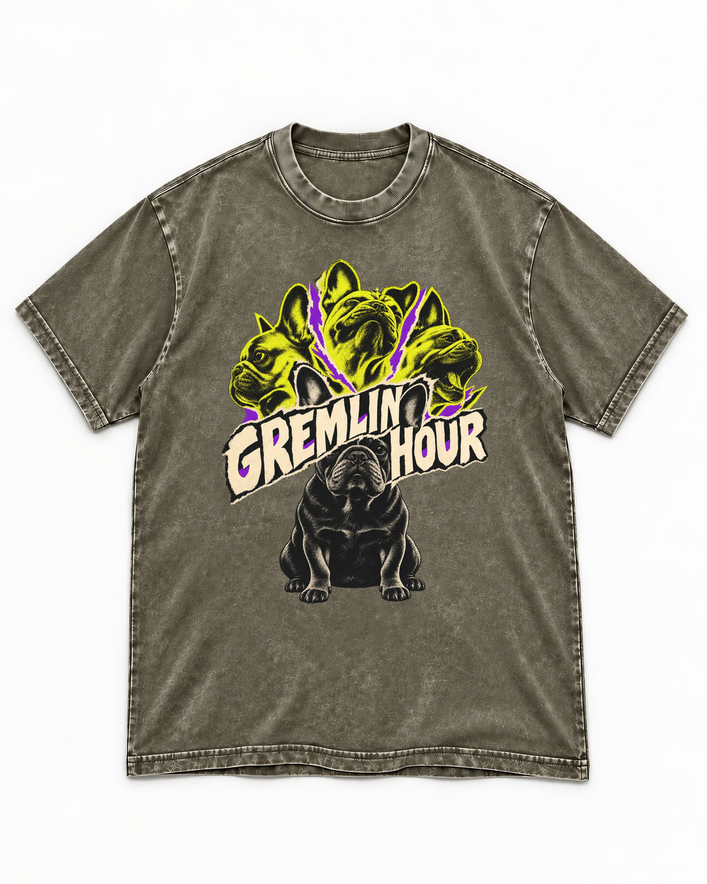 Frenchie Gremlin Hour Multi Portrait Graphic Washed Tee in Army Green, flat lay product photo