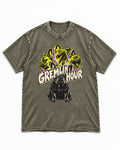 Frenchie Gremlin Hour Multi Portrait Graphic Washed Tee in Army Green, flat lay product photo