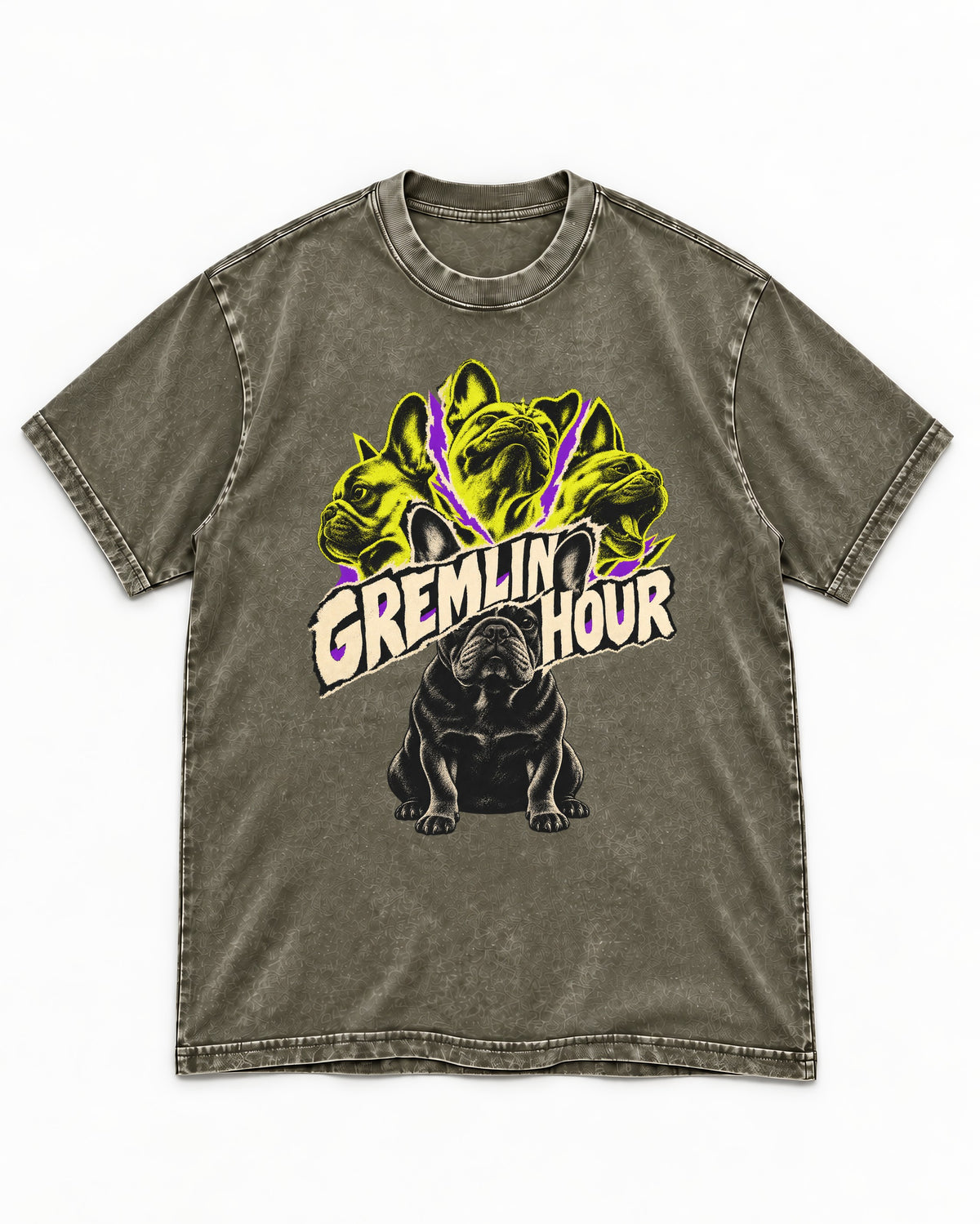 Frenchie Gremlin Hour Multi Portrait Graphic Washed Tee in Army Green, flat lay product photo
