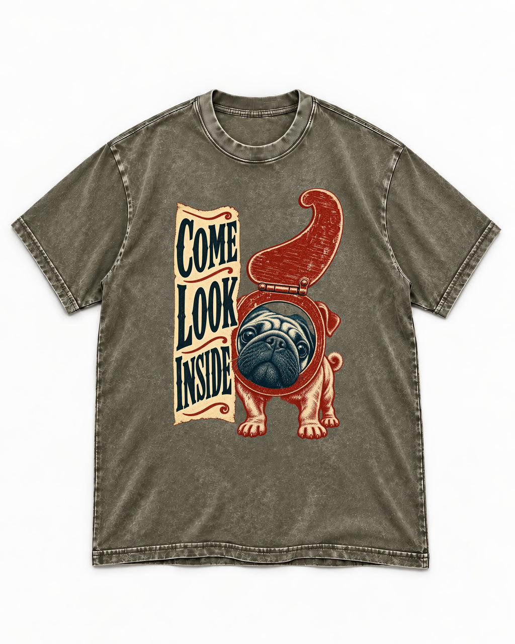 Pug Come Look Inside Toilet Seat Graphic Washed Tee in Army Green, flat lay product photo