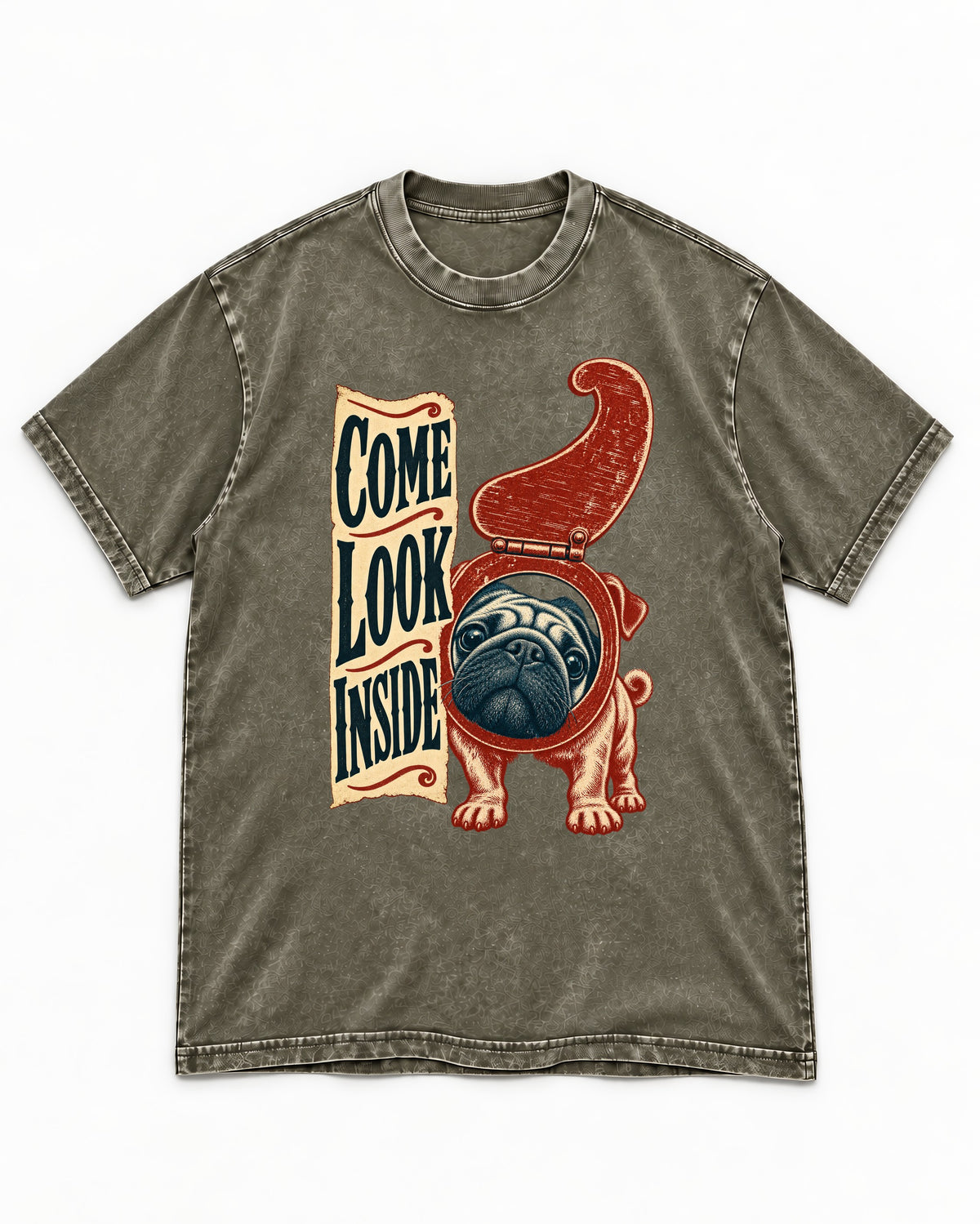 Pug Come Look Inside Toilet Seat Graphic Washed Tee in Army Green, flat lay product photo