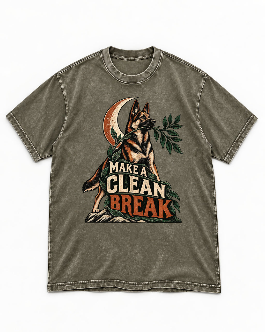 Make A Clean Break Crescent Botanical German Shepherd Dog Graphic Washed Tee in Army Green, flat lay product photo