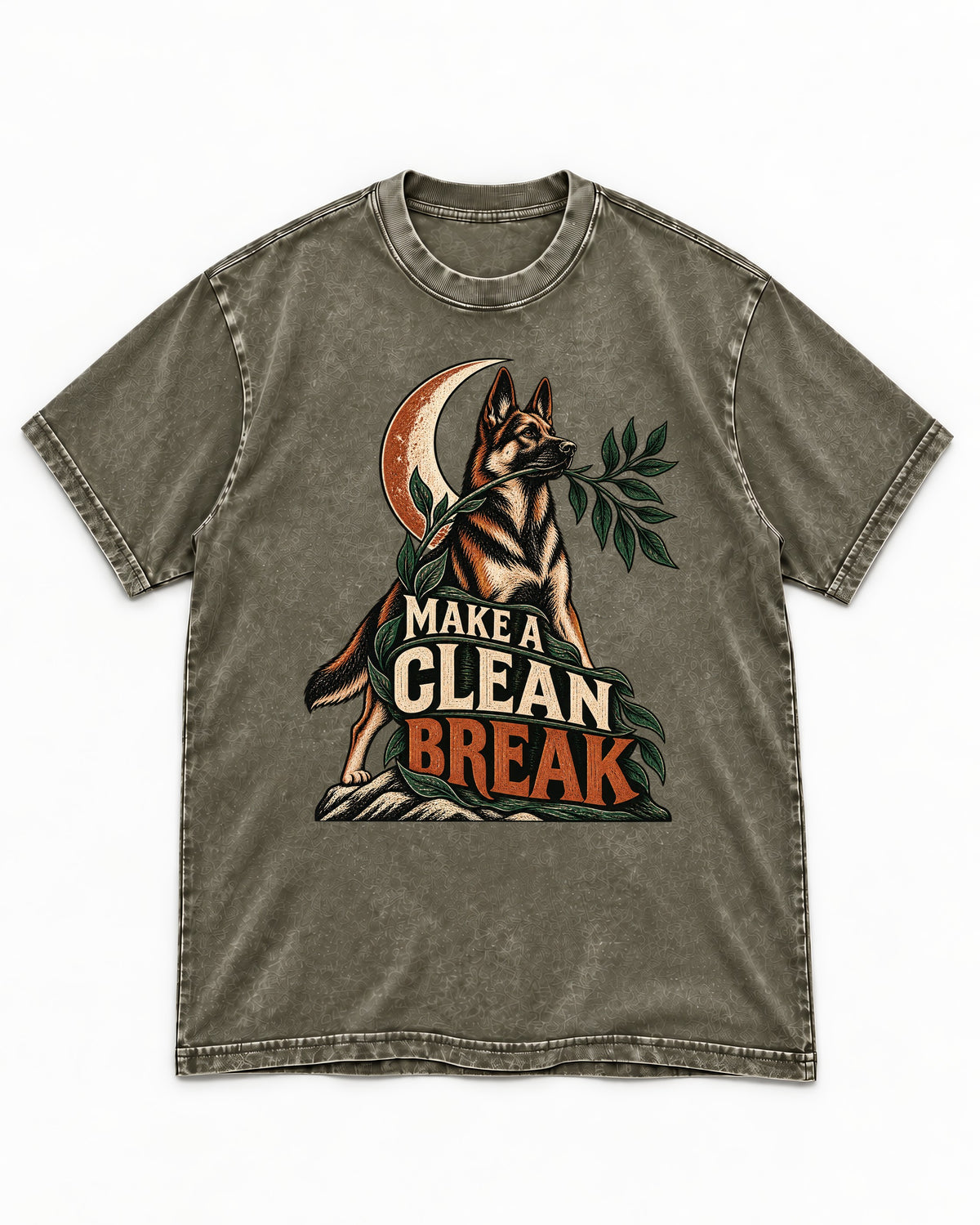 Make A Clean Break Crescent Botanical German Shepherd Dog Graphic Washed Tee in Army Green, flat lay product photo
