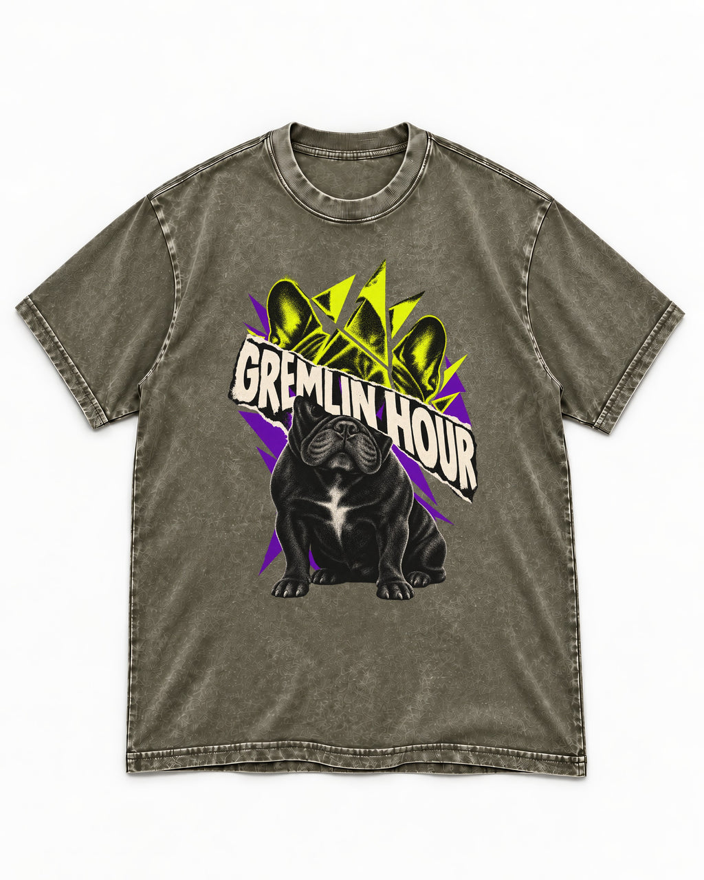 Frenchie Gremlin Hour Fracture Portrait Graphic Washed Tee in Army Green, flat lay product photo