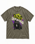 Frenchie Gremlin Hour Fracture Portrait Graphic Washed Tee in Army Green, flat lay product photo