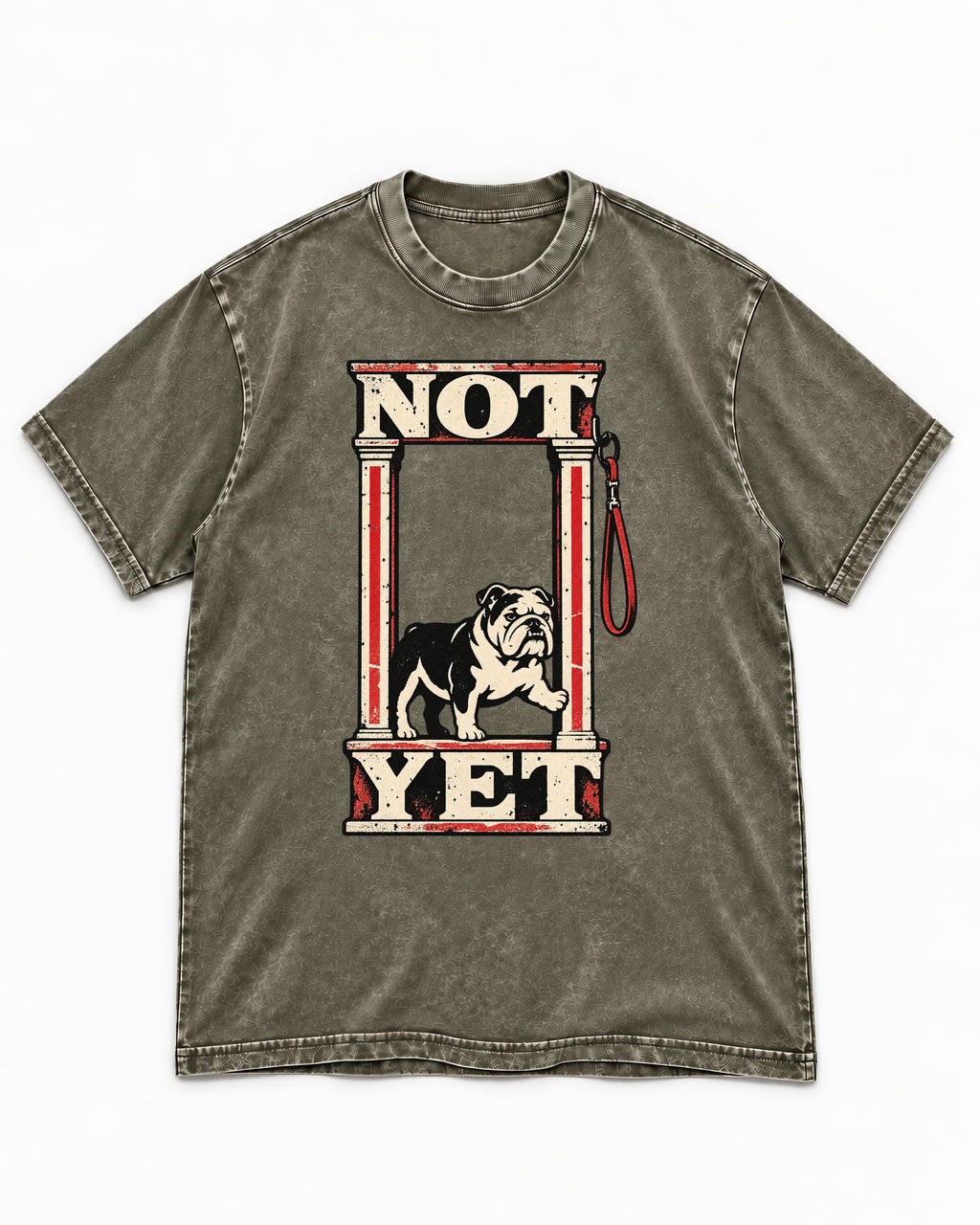 English Bulldog Not Yet Doorway Graphic Washed Tee in Army Green, flat lay product photo