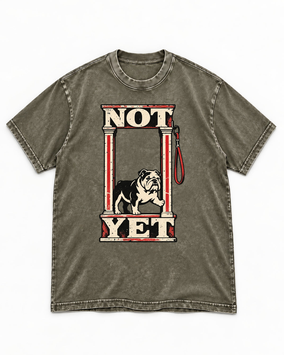 English Bulldog Not Yet Doorway Graphic Washed Tee in Army Green, flat lay product photo
