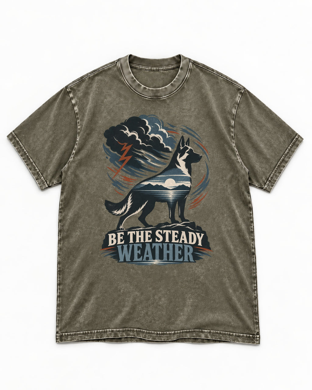 Be the Steady Weather Storm German Shepherd Dog Graphic Washed Tee in Army Green, flat lay product photo
