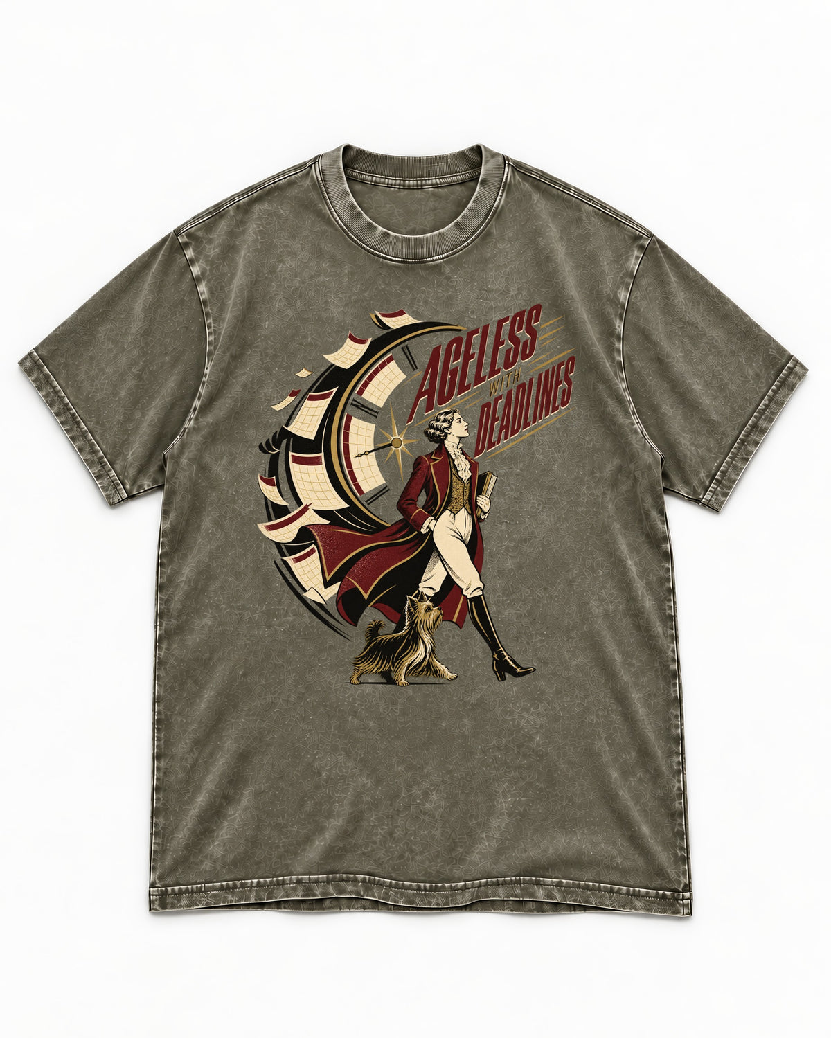 Yorkshire Terrier Ageless with Deadlines Calendar Clock Graphic Washed Tee in Army Green, flat lay product photo