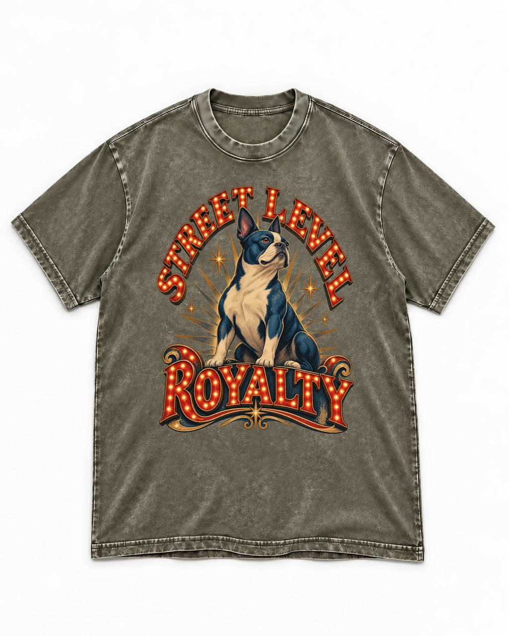 Street Level Royalty Boston Terrier Washed Tee in Army Green, flat lay product photo