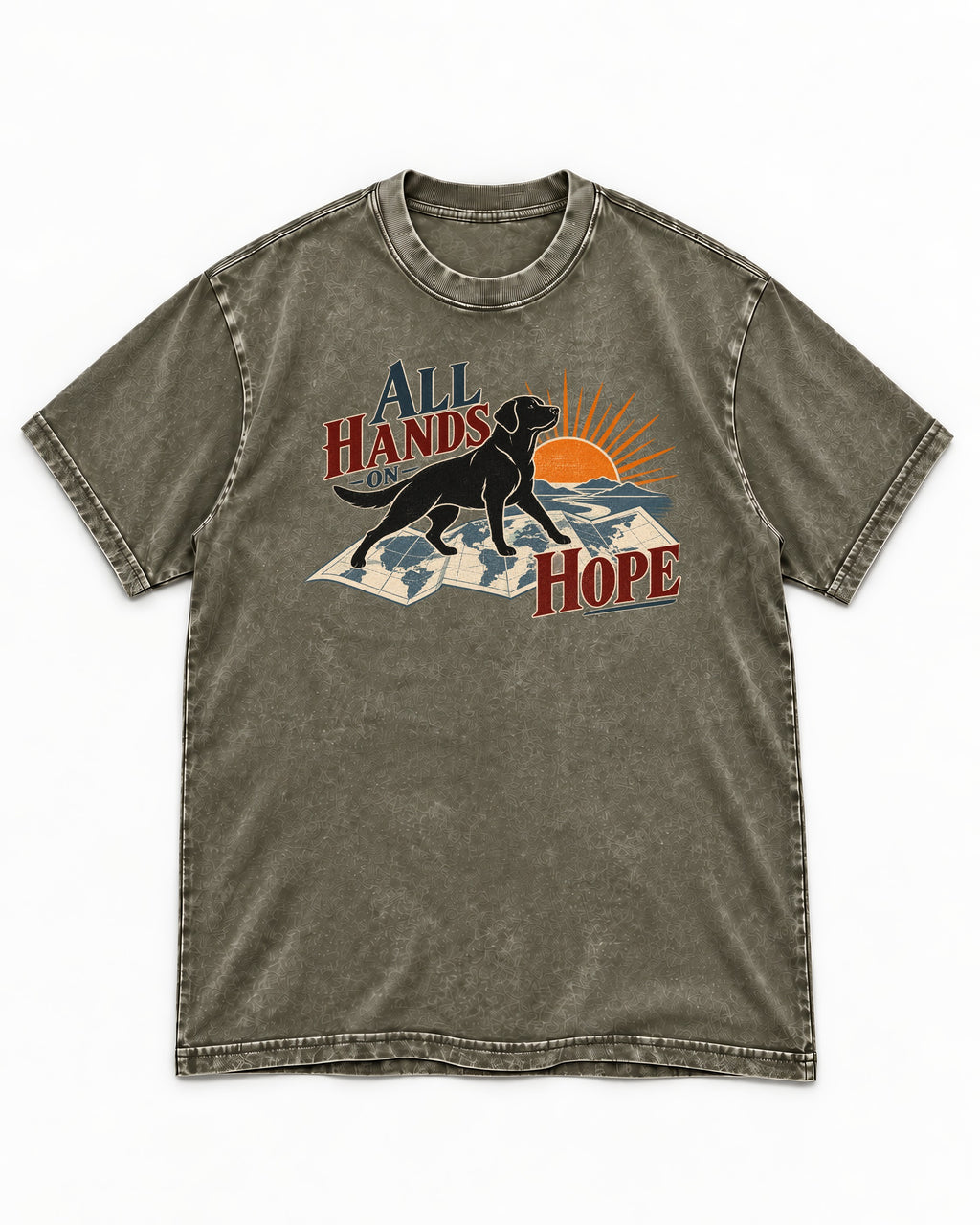 Labrador Retriever All Hands on Hope Map Sunrise Graphic Washed Tee in Army Green, flat lay product photo