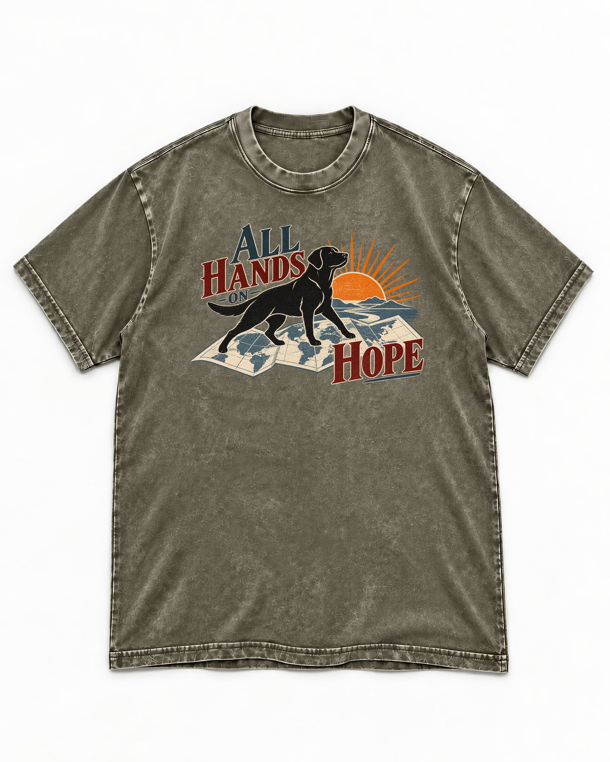 Labrador Retriever All Hands on Hope Map Sunrise Graphic Washed Tee in Army Green, flat lay product photo