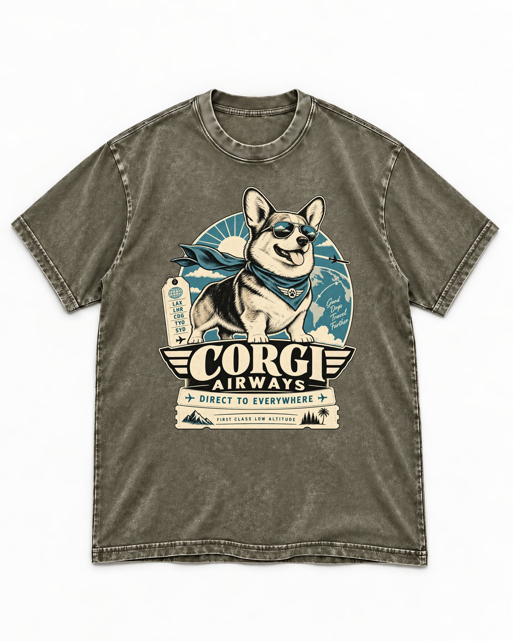 Corgi Airways Direct to Everywhere Badge Washed Tee in Army Green, flat lay product photo