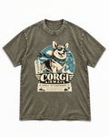 Corgi Airways Direct to Everywhere Badge Washed Tee in Army Green, flat lay product photo