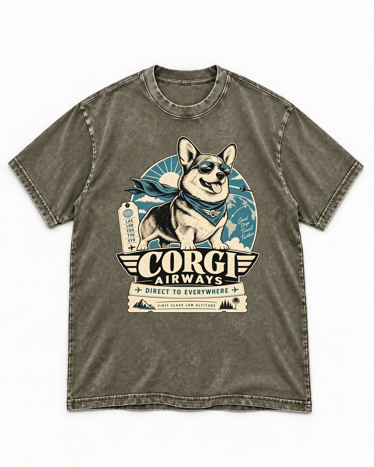 Corgi Airways Direct to Everywhere Badge Washed Tee in Army Green, flat lay product photo