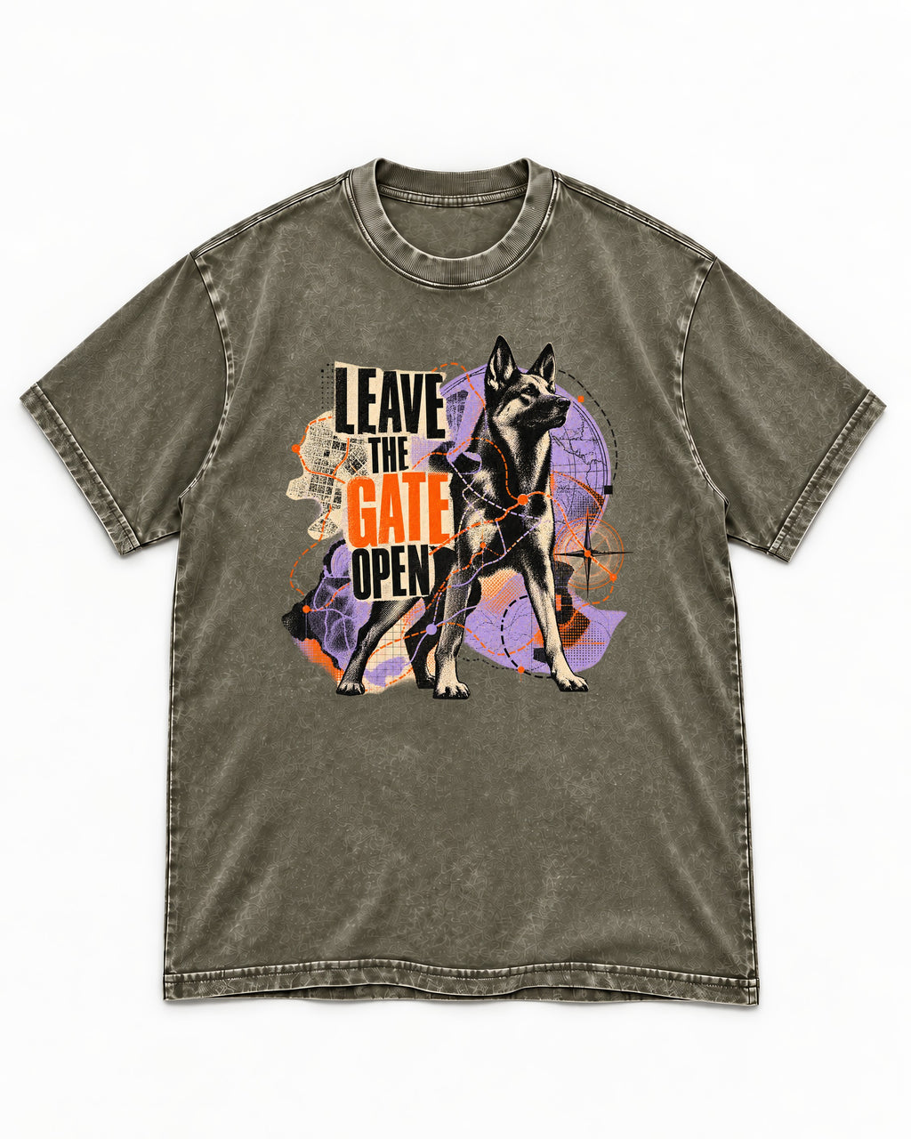 Leave The Gate Open Transit Collage German Shepherd Dog Graphic Washed Tee in Army Green, flat lay product photo