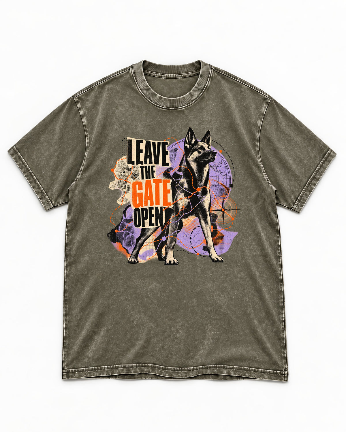 Leave The Gate Open Transit Collage German Shepherd Dog Graphic Washed Tee in Army Green, flat lay product photo
