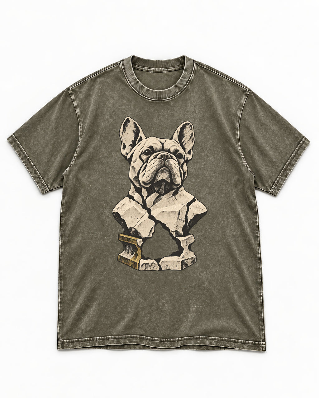 Frenchie Fractured Stone Bust Graphic Washed Tee in Army Green, flat lay product photo