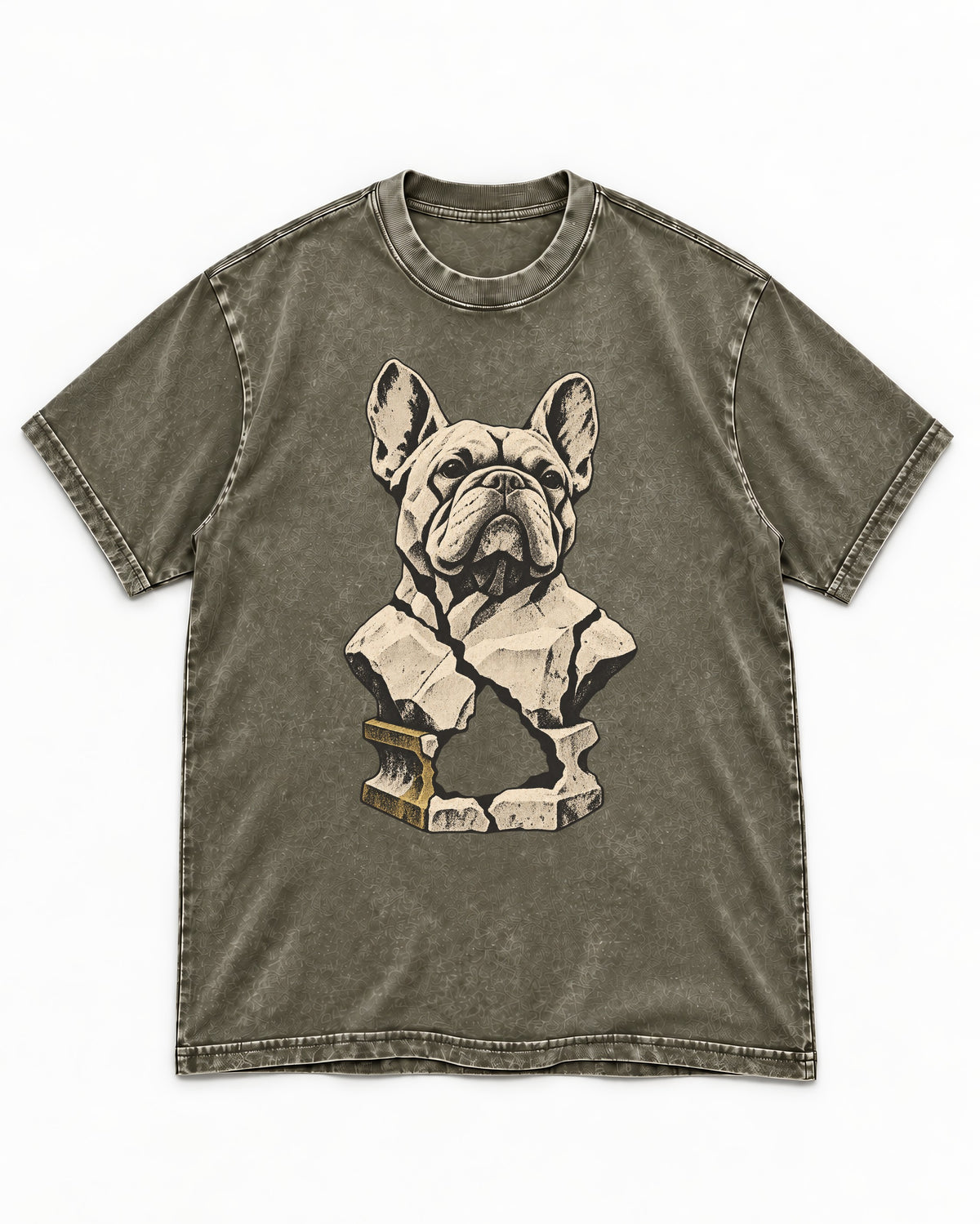 Frenchie Fractured Stone Bust Graphic Washed Tee in Army Green, flat lay product photo