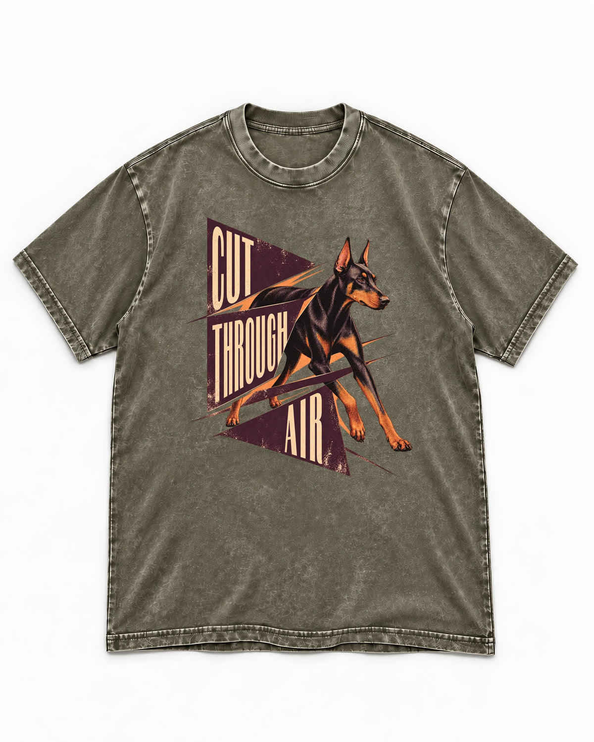 Doberman Cut Through Air Graphic Washed Tee in Army Green, flat lay product photo