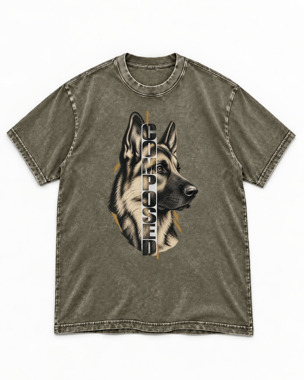 Composed Profile German Shepherd Dog Graphic Washed Tee in Army Green, flat lay product photo