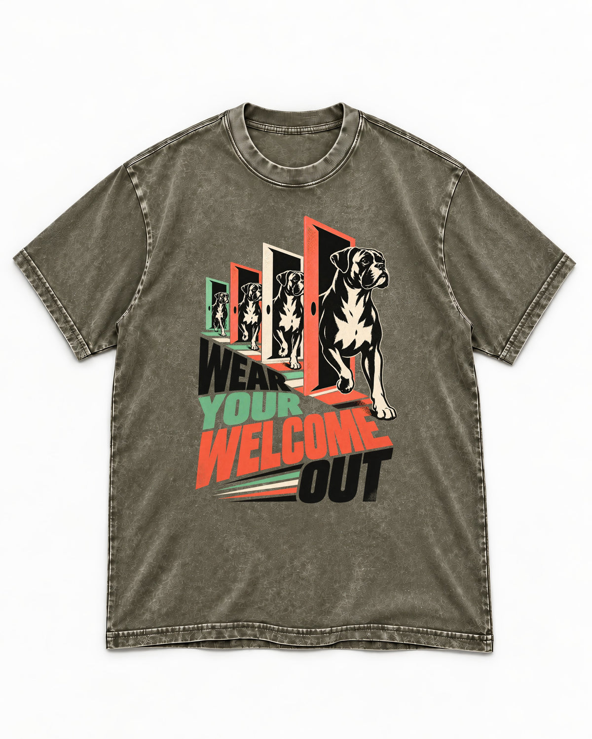 Wear Your Welcome Out Boxer Doorway Progression Graphic Washed Tee in Army Green, flat lay product photo