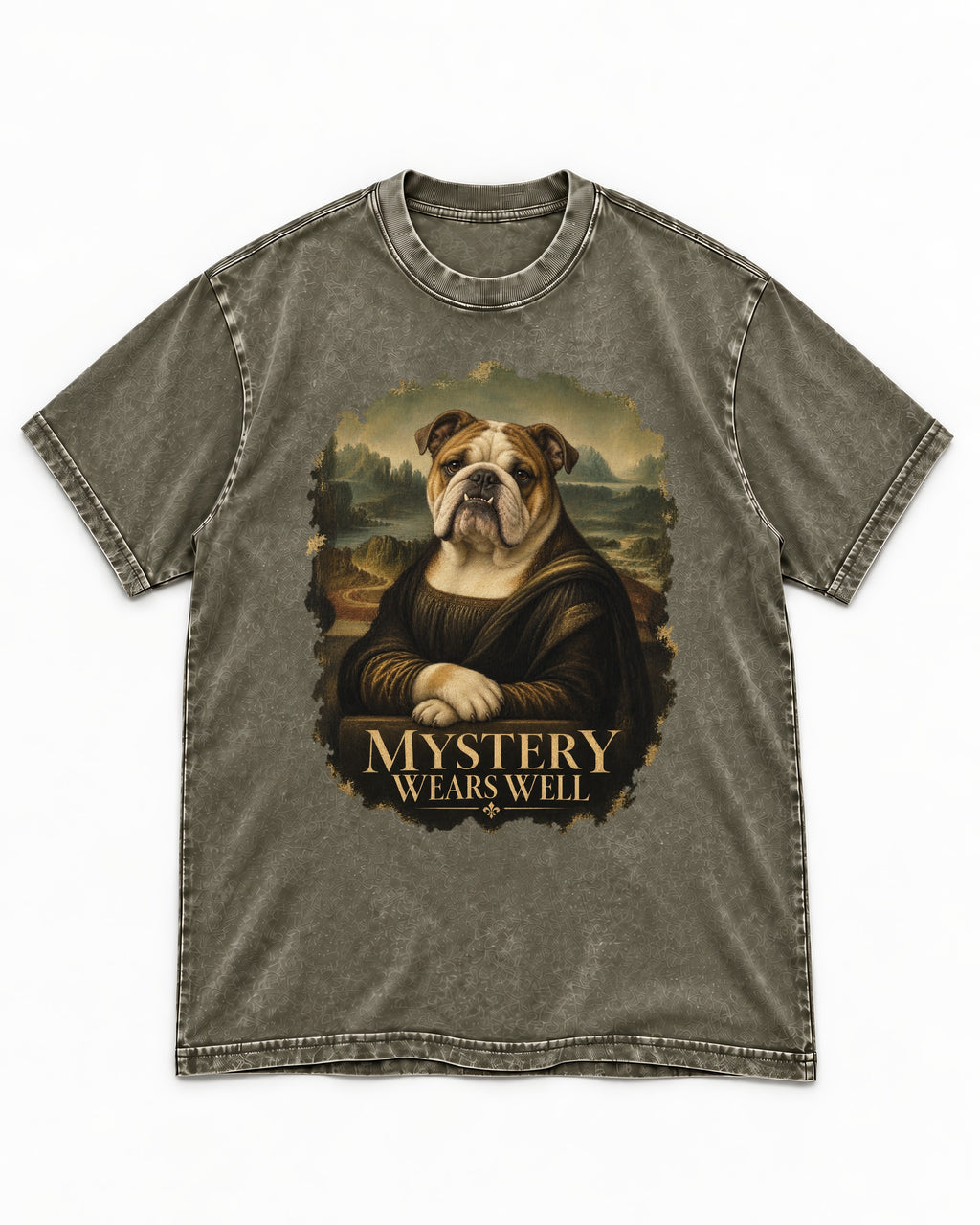 English Bulldog Mystery Wears Well Mona Lisa Portrait Washed Tee in Army Green, flat lay product photo