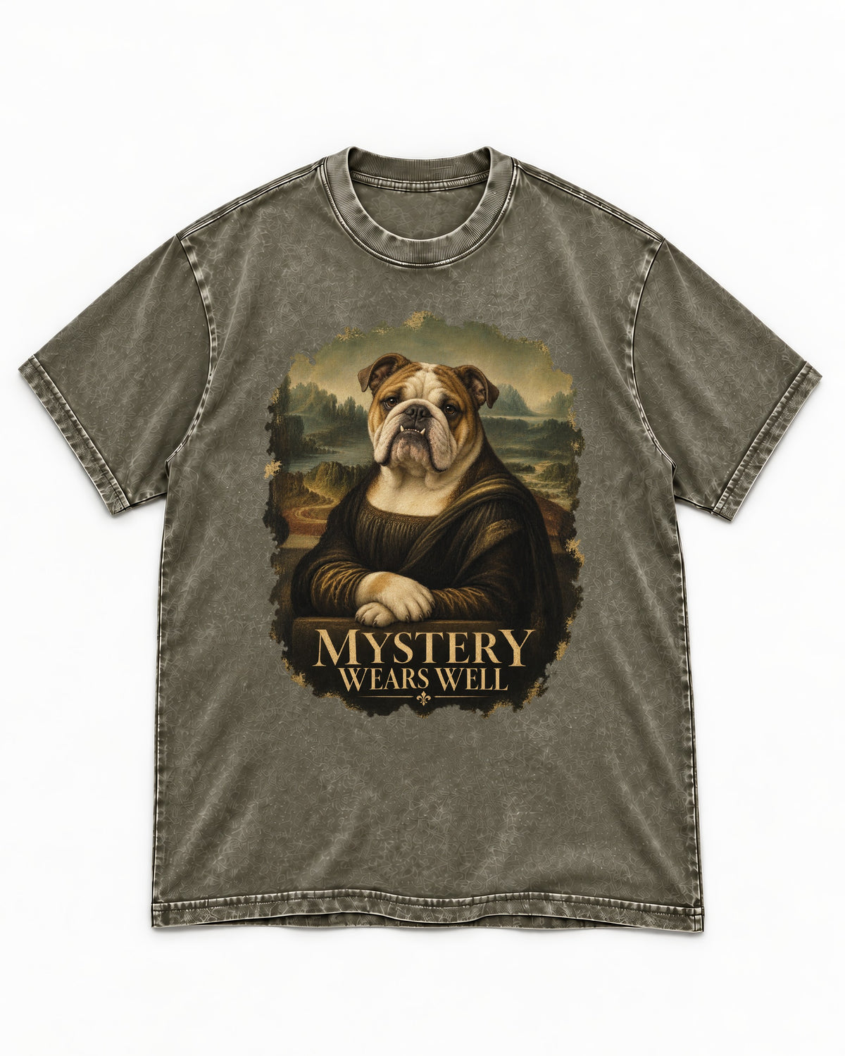 English Bulldog Mystery Wears Well Mona Lisa Portrait Washed Tee in Army Green, flat lay product photo