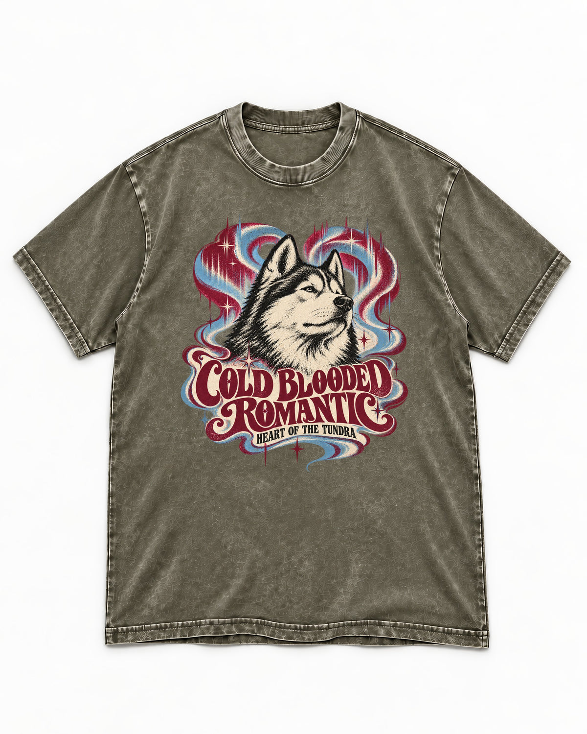 Husky Cold Blooded Romantic Heart of the Tundra Graphic Washed Tee in Army Green, flat lay product photo