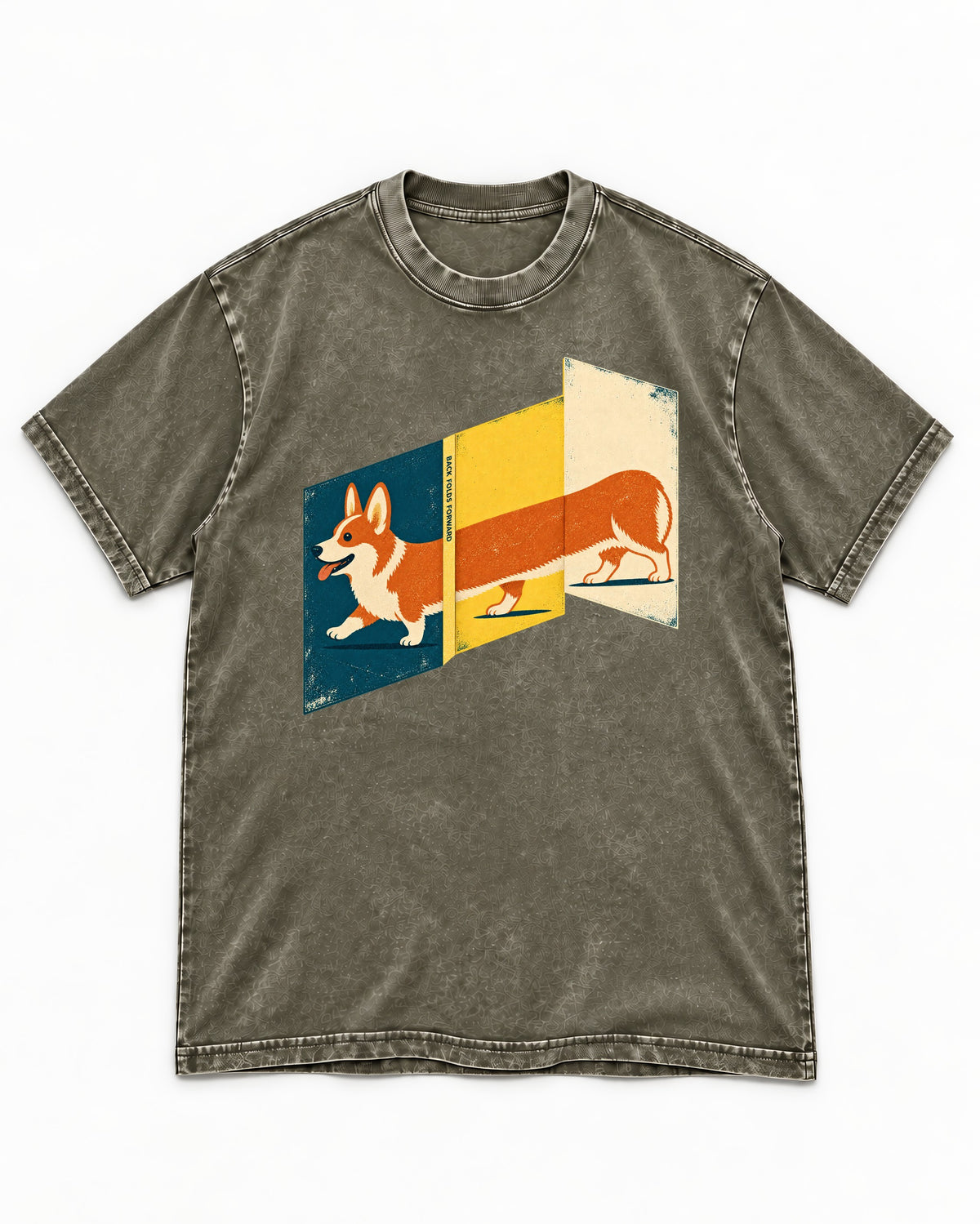 Corgi Back Folds Forward Panels Washed Tee in Army Green, flat lay product photo